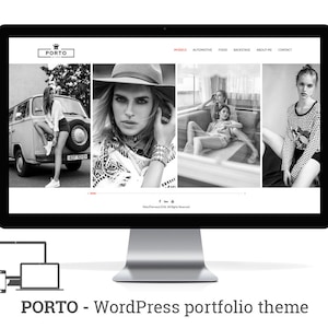 Puede incluir: Una página de inicio de sitio web para un portafolio de fotografía que presenta una imagen en blanco y negro de una mujer con un sombrero y una camisa estampada. El sitio web tiene un menú con las siguientes opciones: Modelos, Automotriz, Video, Tras bambalinas, Acerca de mí y Contacto.