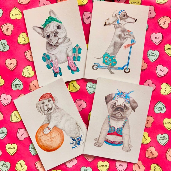 Set of 4 gift cards - dog set golden retriever, pug, dachshund and French bulldog