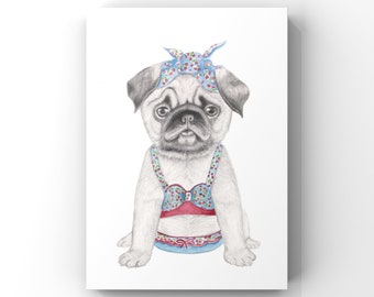 Pug dog, fine art print, giclee, puppy, dog, childrens print, wall art, rocker billy, whimsical art, dog art, Dog in bathers, quirky art