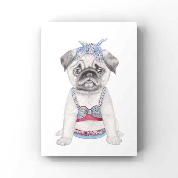 Pug dog, fine art print, giclee, puppy, dog, childrens print, wall art, rocker billy, whimsical art, dog art, Dog in bathers, quirky art