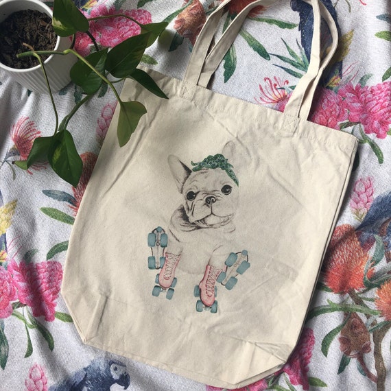 natural deluxe eco woven tote bag - Lulu the French bulldog