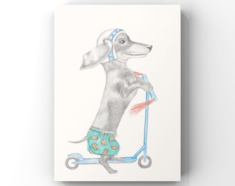 Dachshund Scooter Giclee Print, Sausage Dog Wall Art