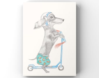 Dachshund, fine art print, giclee, puppy, dog, childrens print, wall art, scooter, sausage dog