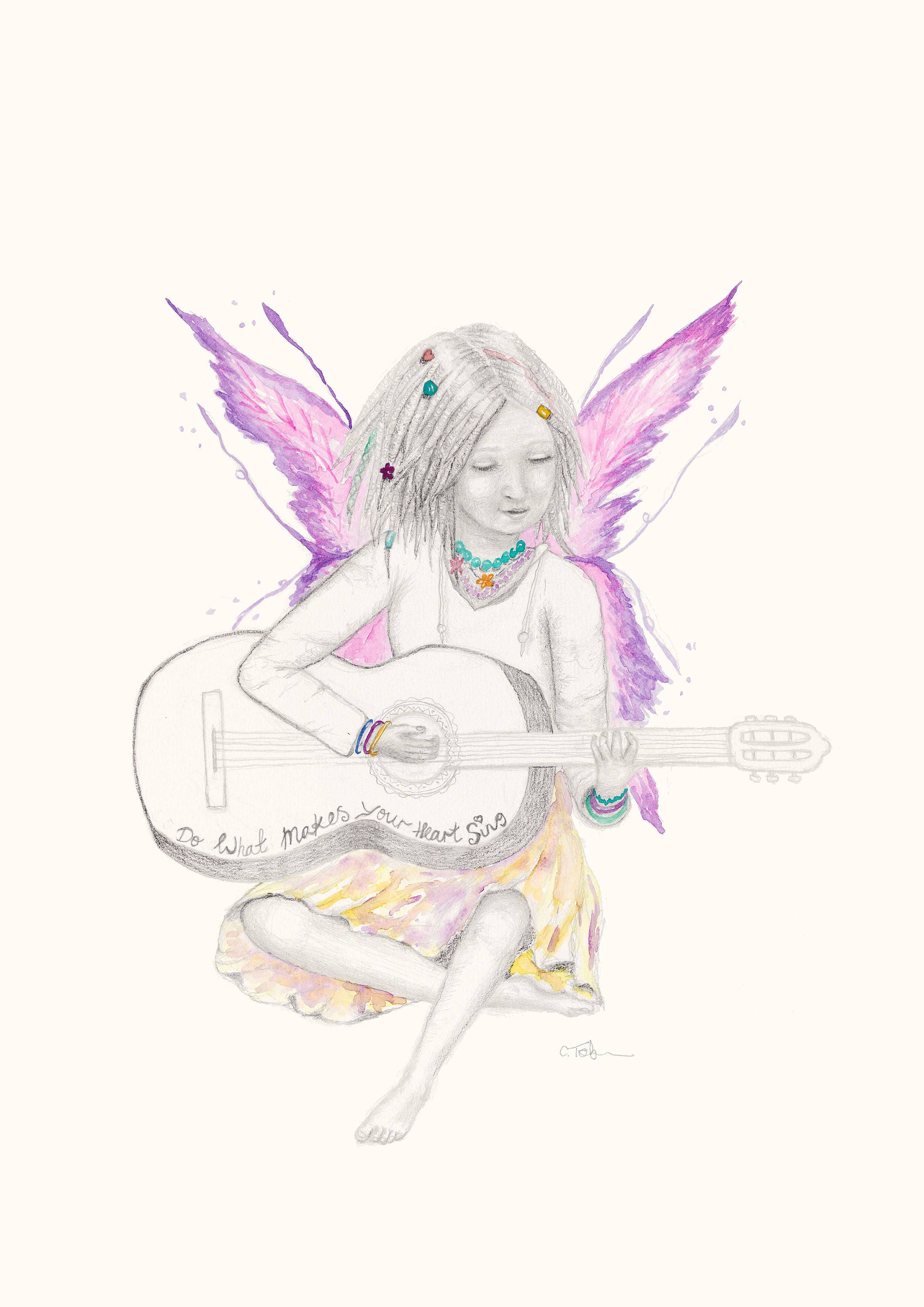 Sunny Fairy Watercolour Pencil Wall Art Kids Decor Kids Room Girl Girl Gift Hippy Baby Shower Guitar Inspirational Print