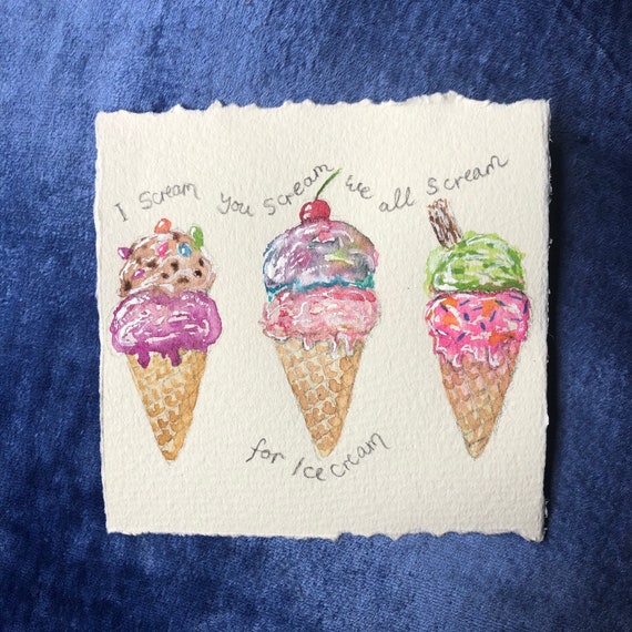 Ice cream art, original mini art, childhood memories, watercolour original, retro art