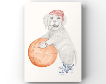 Buster the dog, basketball, fine art print, giclee, golden retriever, puppy, dog, childrens print, wall art, basketball dog