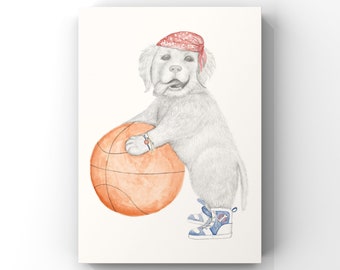 Buster the Golden Retriever Art Print, Dog with Basketball Giclee