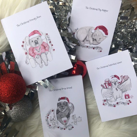 Set of 4 Christmas gift cards - dog, cockatoo, wombat, koala