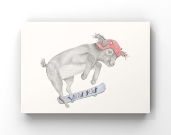 Ziggy the Goat - Bohemian, Hippy, Childrens Print, fine art print, giclee print, boy, gift idea, dreadlocks, skateboard