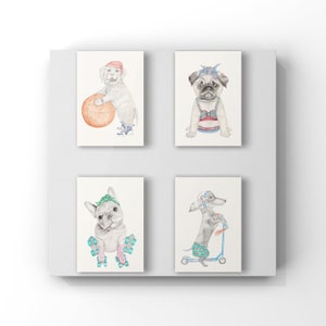Set of 4 gift cards - dog set golden retriever, pug, dachshund and French bulldog