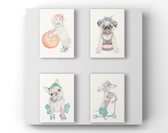 Set of 4 gift cards - dog set golden retriever, pug, dachshund and French bulldog