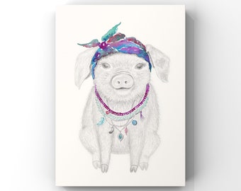 Magnolia the pig - fine art print, wall art, nursery wall art, children's art, bohemian, Hippy, children's print, Easter, girl gift