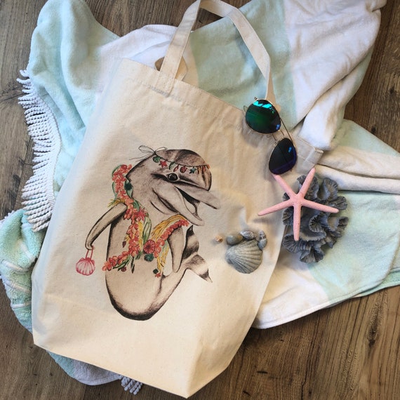 natural deluxe eco woven tote bag - featuring Luna the dolphin