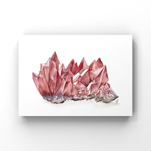 Può includere: Un dipinto ad acquerello di un gruppo di cristalli rosa. I cristalli sono disposti in una forma irregolare e organica, con alcuni dei punti rivolti verso l'alto e altri verso il basso. I cristalli sono dipinti in uno stile realistico, con sottili variazioni di colore e texture.