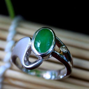 High Quality, Perfect-Green Jadeite Jade (Grade A) and Diamond Gemstones Set in a Handmade, Two-Tone Silver/Gold Ring