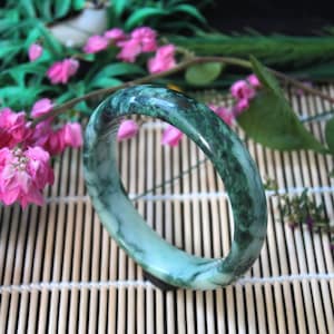 Green Floral Patterned 62.5 mm. Jadeite Jade (Grade A) Hand Carved Bangle, Half-Round Shaped