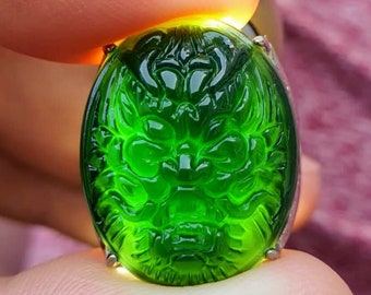 Emerald Dragon Face, Extremely Rare, Top Quality Ice Species, 28 ct. Imperial Translucent Black Omphacite Jadeite Jade (Grade A)