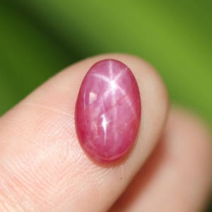 Pode incluir: Uma gema de rubi estrela rosa com uma estrela de seis pontas no centro.