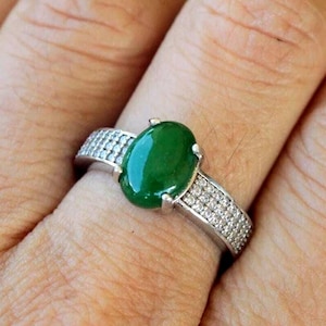 Prosperity, 2.4 ct. Imperial Rich Green Jadeite Jade (Grade A) Handmade Silver Ring, Size 6 3/4 US