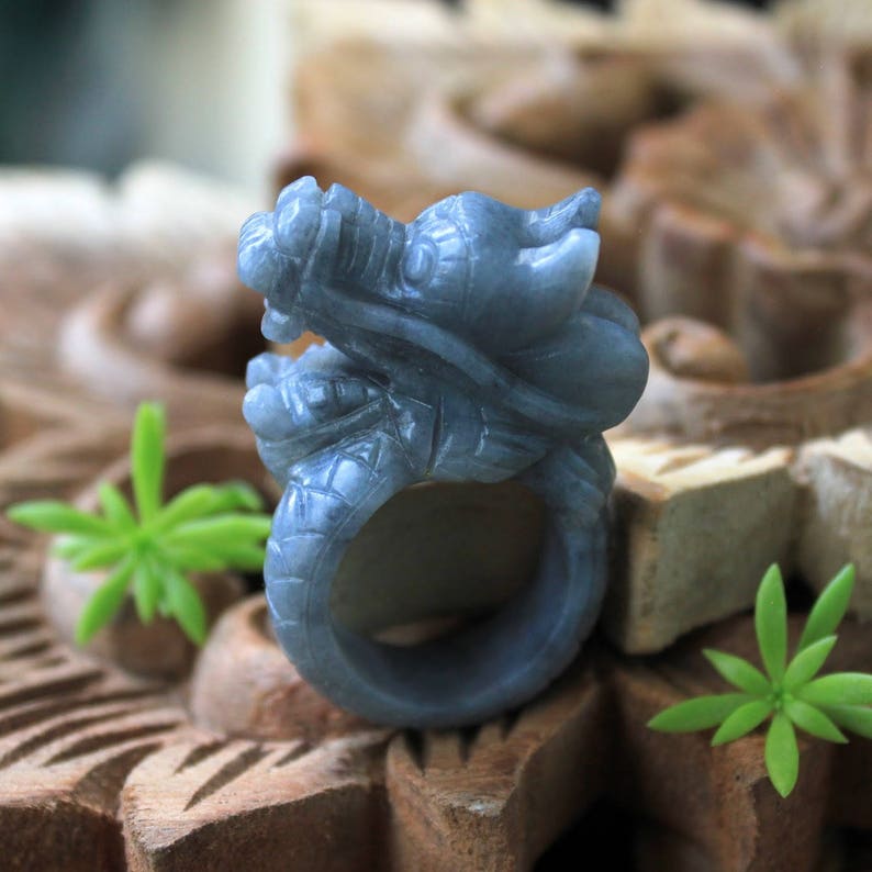 Grade A Gray Jadeite Jade Asian Dragon Ring Expertly Hand Carved Size 10 12 US
