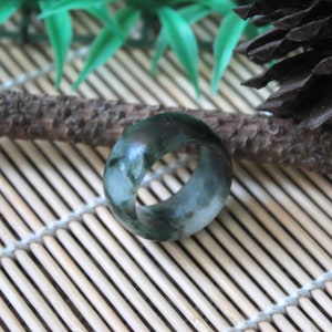 Extremely Dark Green/Black/White Jadeite Jade (Grade A) Hand Carved Ring, Size 13 US