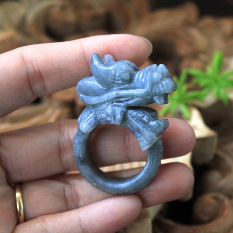 Grade A Gray Jadeite Jade Asian Dragon Ring Expertly Hand Carved Size 10 12 US