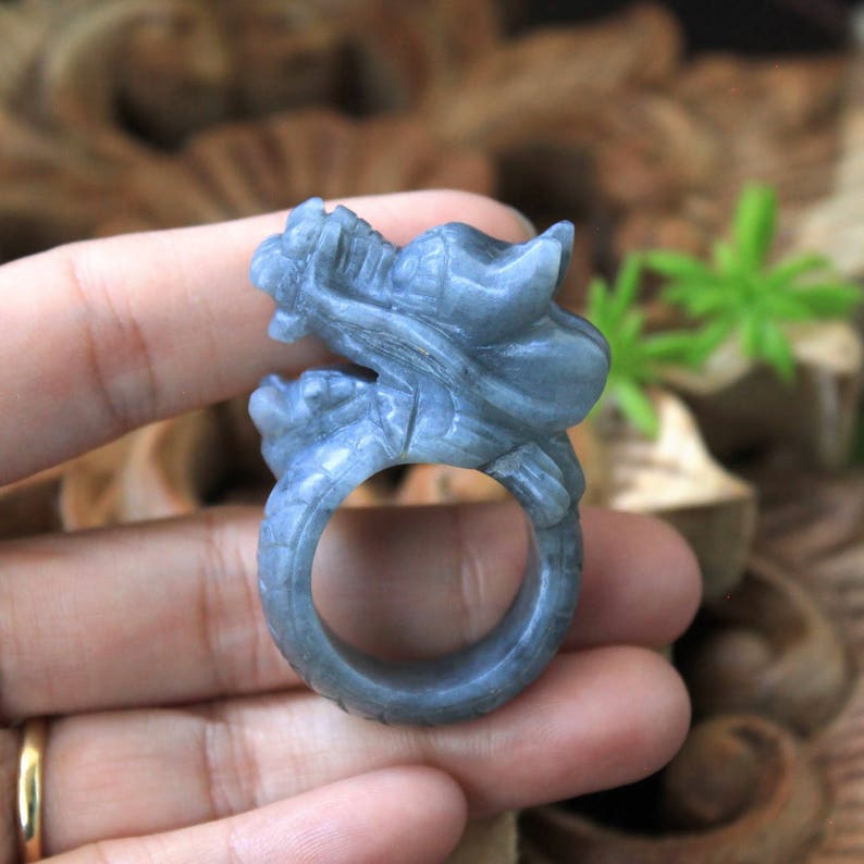 Grade A Gray Jadeite Jade Asian Dragon Ring Expertly Hand Carved Size 10 12 US