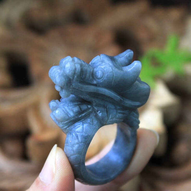 Grade A Gray Jadeite Jade Asian Dragon Ring Expertly Hand Carved Size 10 12 US
