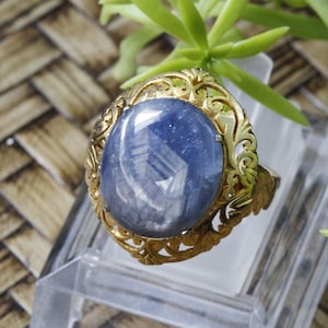 Web of Translucency, 13.4 ct. Natural Unheated/Untreated Blue Sapphire Cabochon Gemstone set in Brass Holder Ring for Display