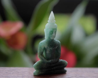 Forest Green Meditating Buddha, Multi-Colored Jadeite Jade (Grade A) Carving, Thai Style
