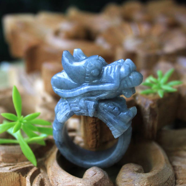 Grade A Gray Jadeite Jade Asian Dragon Ring Expertly Hand Carved Size 10 12 US