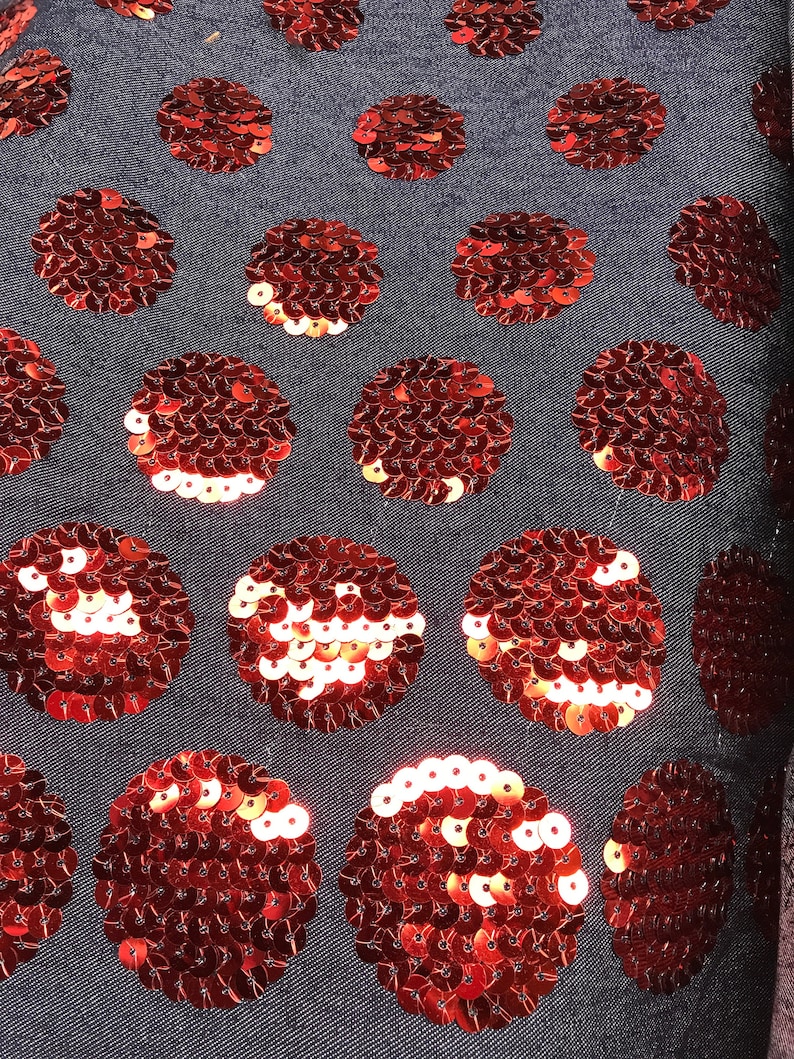 Discount Designer Fabric Denim With Red Circl Sequence