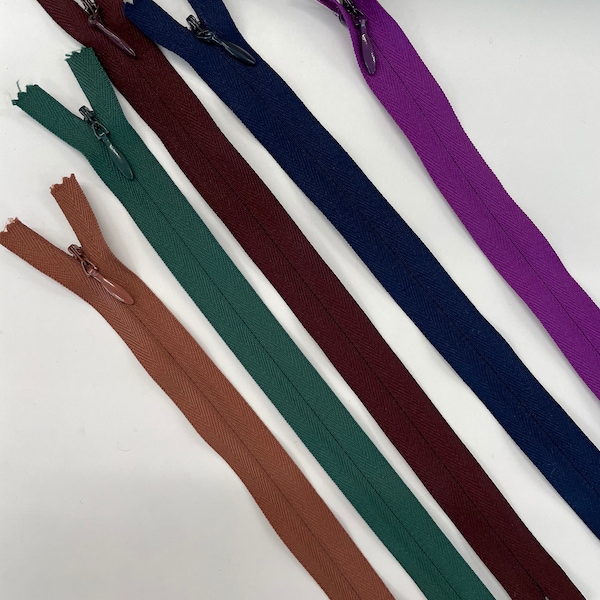 Assortment of Invisible Zippers in dark shades of red, green, purple, blue and brown