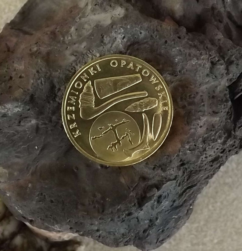 Drop earrings of /'leaf-shaped tool/' from a Polish 2 zlote coin dated 2012 commemorating the Krzemionki archaeological site in Poland