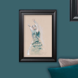 Drawing of a flamenco dancer with colored pencils. Portrait of a Spanish woman. Unique drawing by Emmanuelle Priss