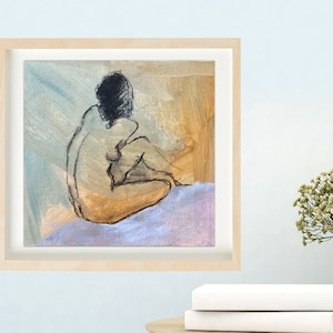 Painting of a naked woman. Square painting in shades of pink, beige, saffron by Emmanuelle Priss