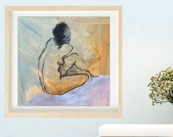 Painting of a naked woman. Square painting in shades of pink, beige, saffron by Emmanuelle Priss