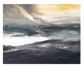 Original painting. Mist over the mountain. Contemporary landscape painting by Emmanuelle Priss - Size 11,8/9,4 In