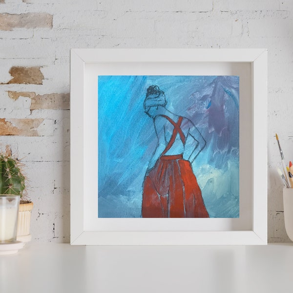 La robe rouge. Illustration, femme sur fond abstrait. Peinture originale 25x25cm par Emmanuelle Priss