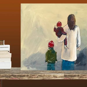 Les adieux. Illustration originale à l'acrylique d'une famille. La mère et les deux enfants par Emmanuelle Priss 25x25cm