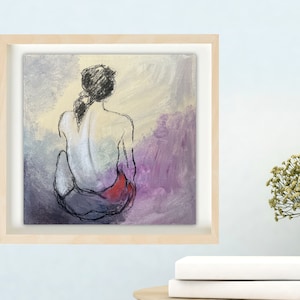 Painting of a naked woman. Square painting in shades of pink, beige, red by Emmanuelle Priss