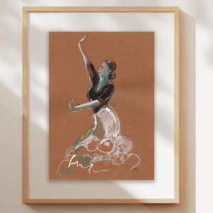 A4 - Disegno originale a inchiostro su carta kraft di una ballerina di flamenco. Nero, bianco, verde, dipinto a mano da Emmanuelle Priss