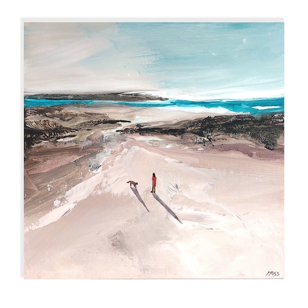 Promenade sur la plage avec le chien. Peinture originale à l'acrylique. Bretagne, France. 25/25cm, par Emmanuelle Priss