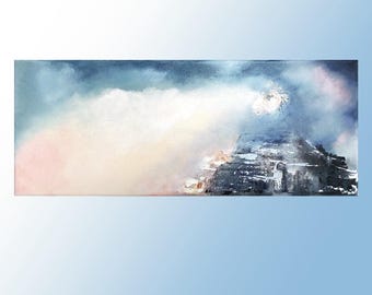 May include: Abstract painting of a mountain peak with a cloudy sky in shades of blue, white, and pink.