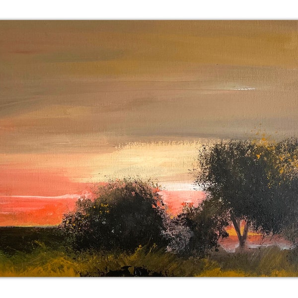 Paysage de campagne. Lever de soleil. Peinture à l'acrylique dans les tons orange, jaune et noir par Emmanuelle Priss 24x30cm