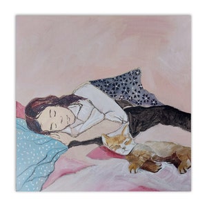 La siesta con el gato. Pintura ilustrativa de una mujer dormida. Pintura original de Emmanuelle Priss 25x25cm