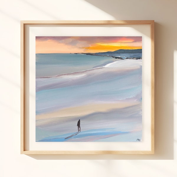 Dernière balade sur la plage. Peinture originale à l'acrylique. Peinture d'une silhouette. 25/25cm, par Emmanuelle Priss