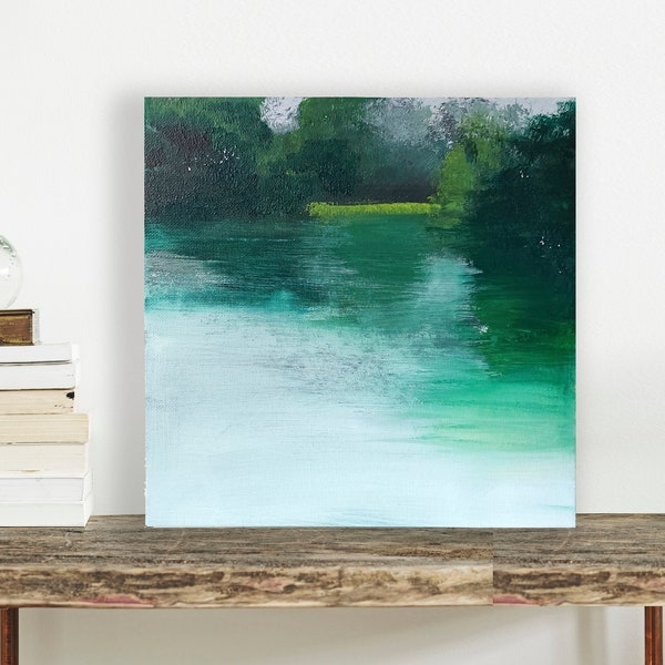 Au bord de la rivière. Peinture originale à l'acrylique. Tableau représentant de l'eau dans les tons vert foncé, gris, vert tendre. N02