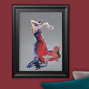 Flamenco dancer with bold pastels. A4 format original work. Red, pink, blue. Unique drawing by Emmanuelle Priss