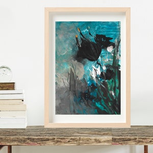 Peinture de Fleur abstraite sur papier A4. Peinture originale, unique et fait main. Blanc, noir, bleu et une pointe de orange
